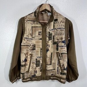 Vintage EVR‎ Silk Golf Print Jacket Petite M Women Brown Novelty Sportswear 90s